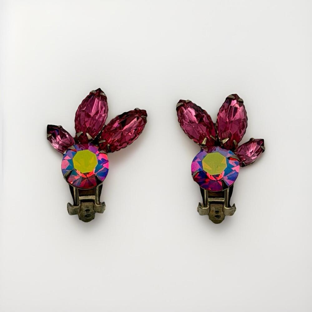 Vintage Pink Rhinestone Clip On Earrings Aurora‎ Borealis Gold Tone Floral